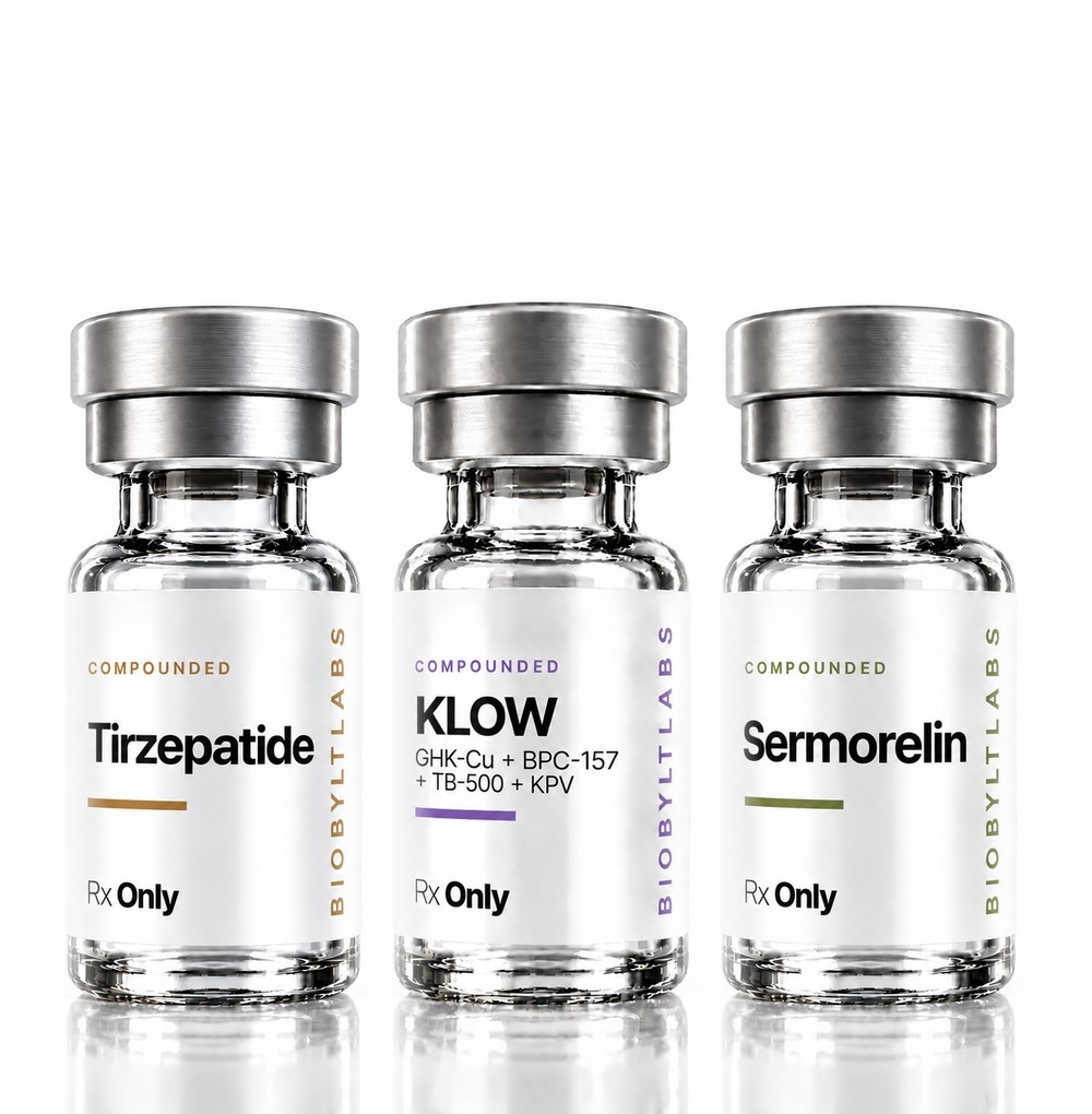 Tirzepatide, KLOW, and sermorelin vials